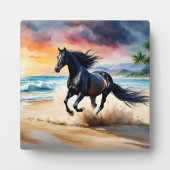 Wild black stallion galloping フォトプラーク (正面)