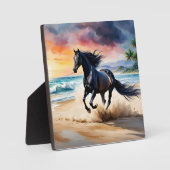 Wild black stallion galloping フォトプラーク (正面)