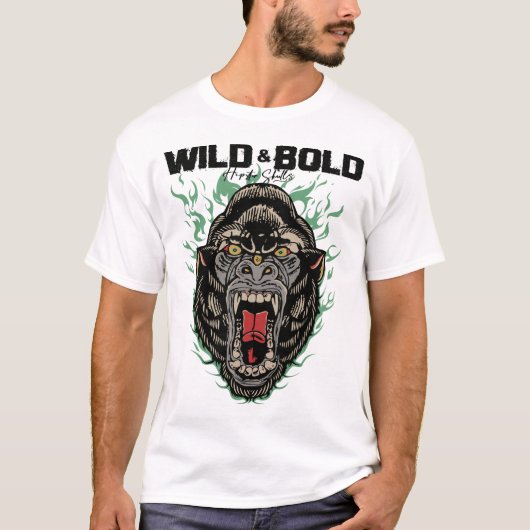 wild bold gorille tattoo old school flamme gros si tシャツ (正面)