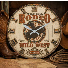 Wild Bull Rodeo Rustic Western Texas Cowboy ラージ壁時計