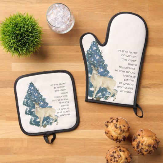 Wild Deer Footprints in Snow – Winter Nature Art 鍋つかみ&鍋敷きセット (トップダウン)
