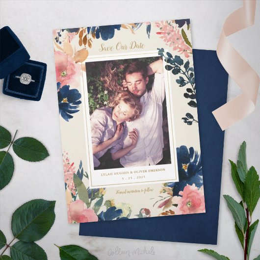 Wild Elegance | Navy Blush & Gold Save the Date 案内状