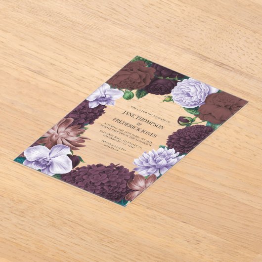 Wild Fig, Cocoa Rose & Soft Lavender Wedding アクリル招待状 (レイダウン)