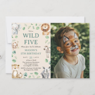 Wild Five Jungle Safari Animals Birthday Photo 招待状