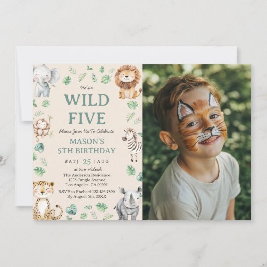 Wild Five Jungle Safari Animals Birthday Photo 招待状 (正面)