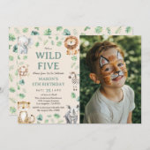Wild Five Jungle Safari Animals Birthday Photo 招待状 (正面/裏面)
