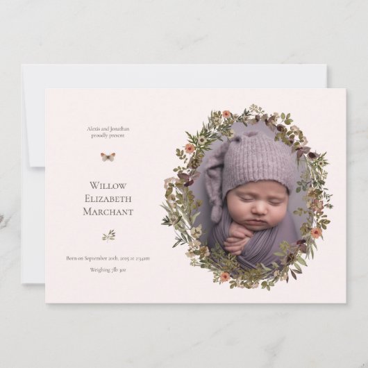 Wild Flower Frame New Baby Birth Announcement 案内状 (正面)
