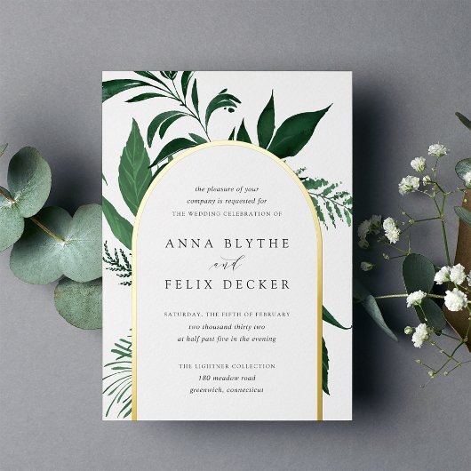 Wild Forest Green Botanical Arch ウェディング 箔招待状