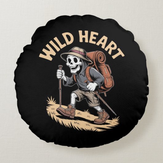 Wild Heart  – 冒険好きなスケルトンのハイキング ラウンドクッション (正面)