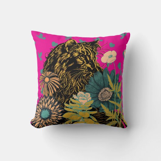 Wild Hearted Tiger Floral Throw Pillow クッション (正面)