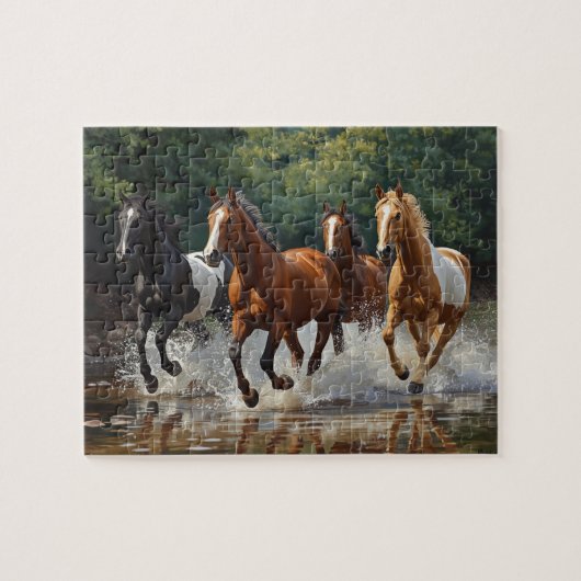 Wild Horses Galloping Water Splash Painting ジグソーパズル (横)