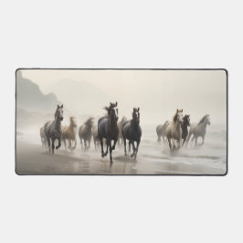 Wild horses on a foggy beach デスクマット