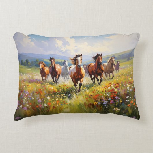 Wild Horses Running in a Wildflower Meadow アクセントクッション (正面)
