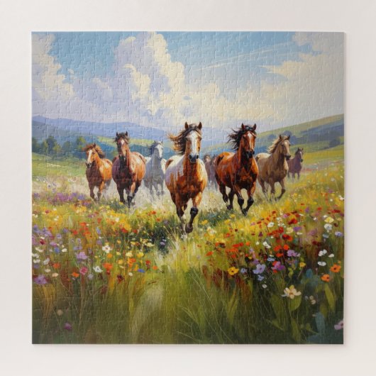 Wild Horses Running in a Wildflower Meadow ジグソーパズル (縦)