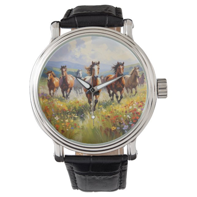 Wild Horses Running in a Wildflower Meadow 腕時計 (正面)