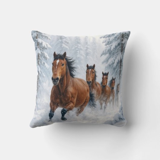 Wild Horses Running Through a Snowy Forest クッション (裏面)