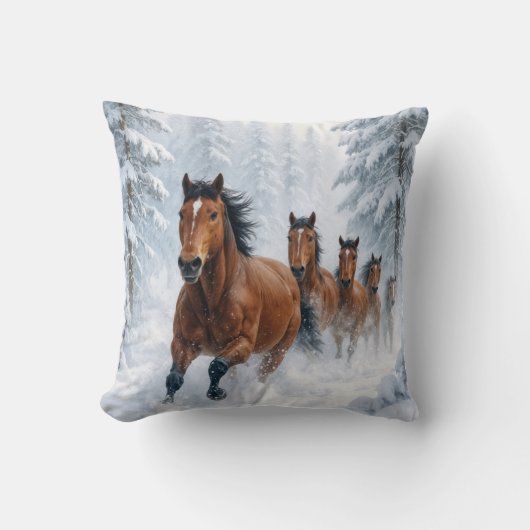 Wild Horses Running Through a Snowy Forest クッション (正面)