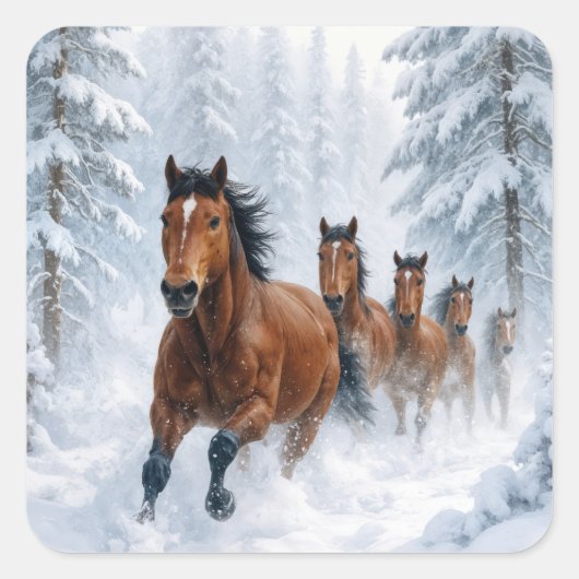 Wild Horses Running Through a Snowy Forest スクエアシール (正面)