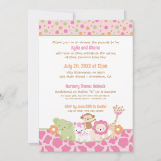 Wild Jungle Animals Baby Girl Shower Invitation 招待状