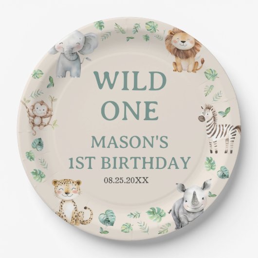 Wild Jungle Safari Animals Birthday ペーパープレート (正面)