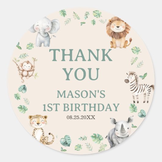 Wild Jungle Safari Animals Birthday ラウンドシール (正面)