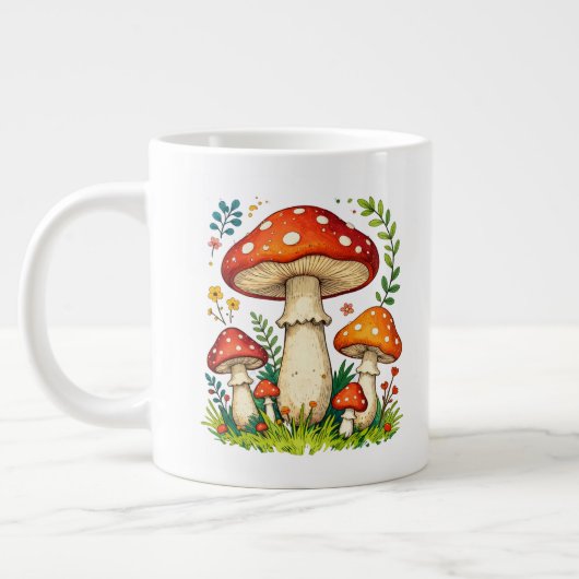 Wild mushrooms and flowers in grass forest nature ジャンボコーヒーマグカップ (左)