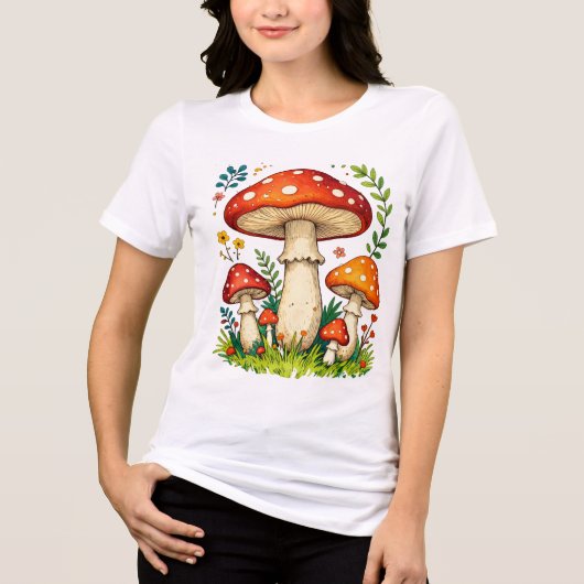 Wild mushrooms and flowers in grass forest nature トライブレンドTシャツ (正面)
