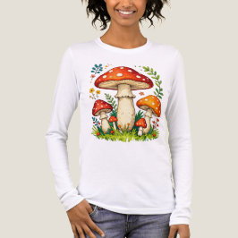 Wild mushrooms and flowers in grass forest nature トライブレンドTシャツ