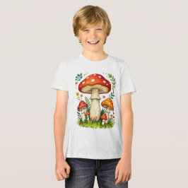 Wild mushrooms and flowers in grass forest nature トライブレンドTシャツ