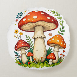 Wild mushrooms and flowers in grass forest nature ラウンドクッション