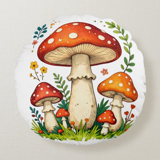 Wild mushrooms and flowers in grass forest nature ラウンドクッション (正面)