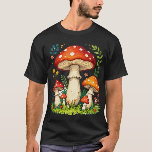 Wild mushrooms and flowers in grass forest nature tシャツ (正面)