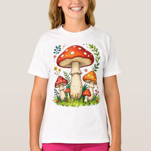 Wild mushrooms and flowers in grass forest nature tシャツ (正面)