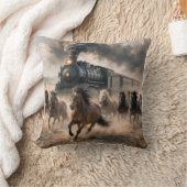 Wild Mustangs Running Alongside Vintage Train クッション (ブランケット)