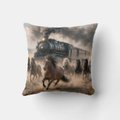 Wild Mustangs Running Alongside Vintage Train クッション (裏面)