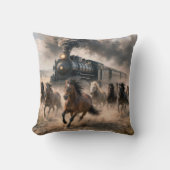 Wild Mustangs Running Alongside Vintage Train クッション (正面)