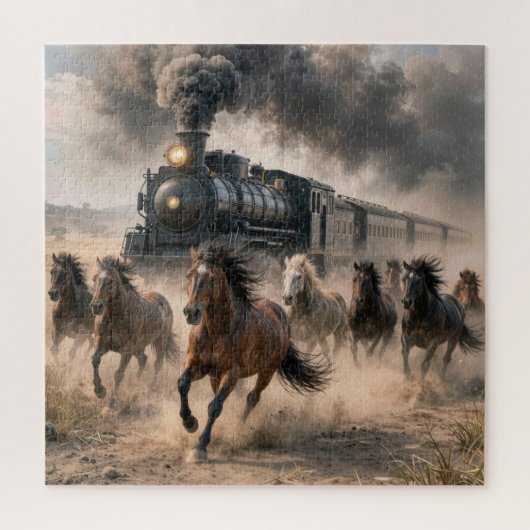 Wild Mustangs Running Alongside Vintage Train ジグソーパズル (縦)