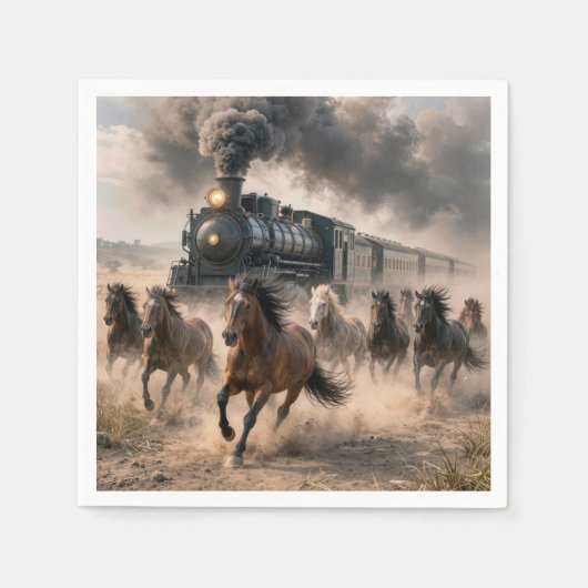Wild Mustangs Running Alongside Vintage Train スタンダードカクテルナプキン (正面)