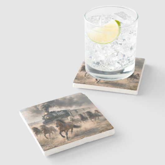 Wild Mustangs Running Alongside Vintage Train ストーンコースター (横)