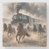 Wild Mustangs Running Alongside Vintage Train ストーンコースター (正面)