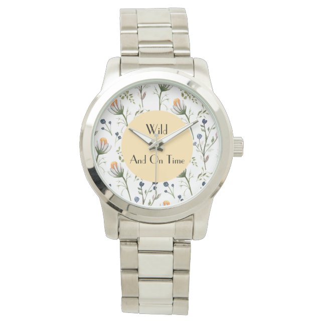 Wild & On Time – 水彩画の野の花の壁掛け時計 腕時計 (正面)