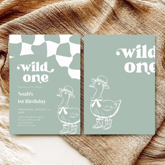 Wild Oneおしゃれなアヒル1歳の誕生日 - サージブルーグリーン 招待状