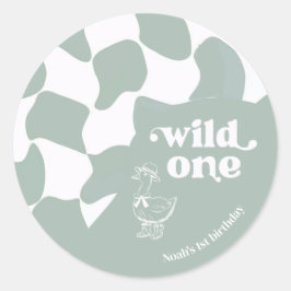 Wild Oneおしゃれなアヒル 1歳の誕生日 Sage green  ラウンドシール