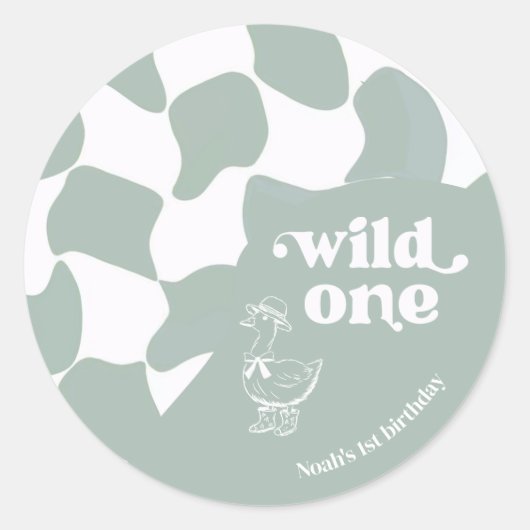 Wild Oneおしゃれなアヒル 1歳の誕生日 Sage green  ラウンドシール (正面)