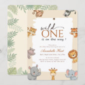 Wild Oneグリーン動物ベビーシャワー 招待状 (正面/裏面)