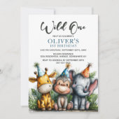 Wild Oneトロピカルサファリ動物1歳の誕生日 招待状 (正面)