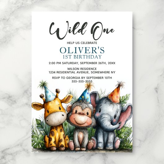 Wild Oneトロピカルサファリ動物1歳の誕生日 招待状