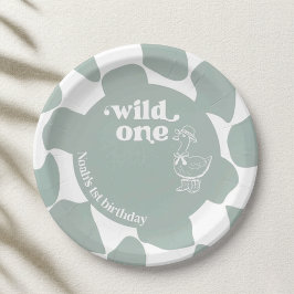Wild One おしゃれなアヒル 1歳の誕生日 Sage Green チェッカー ペーパープレート