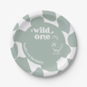 Wild One おしゃれなアヒル 1歳の誕生日 Sage Green チェッカー ペーパープレート (正面)