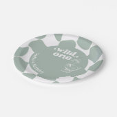 Wild One おしゃれなアヒル 1歳の誕生日 Sage Green チェッカー ペーパープレート (アングル)
